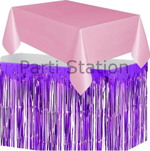 Masa Örtüsü Ve Masa Eteği Set Plastik Pembe Renk Masa Örtüsü Mor Renk Metalize Masa Eteği Set