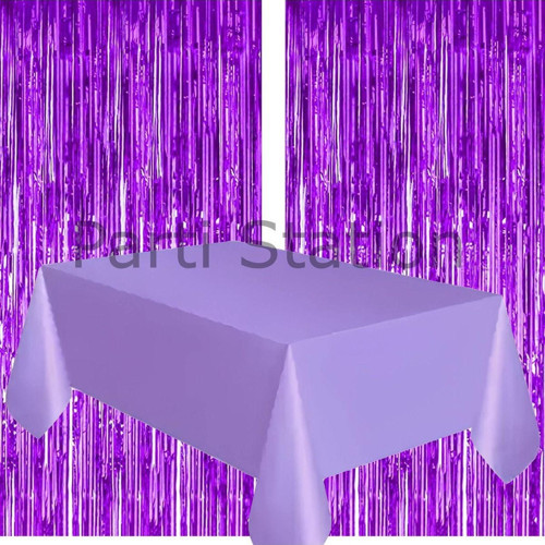 2 Adet Mor Renk Metalize Arka Fon Perdesi Ve 1 Adet Plastik Mor Renk Masa Örtüsü Set