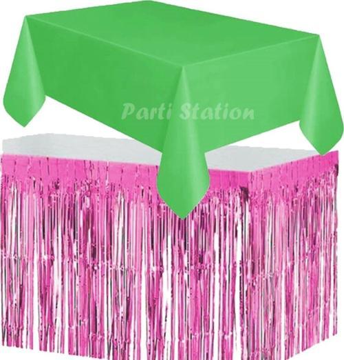 Masa Örtüsü Ve Masa Eteği Set Plastik Yeşil Renk Masa Örtüsü Pembe Renk Metalize Masa Eteği Set