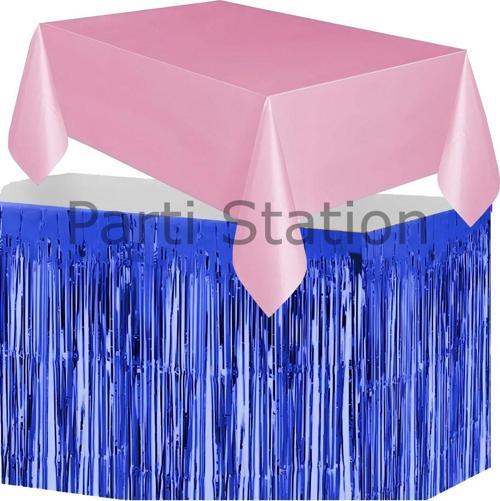 Masa Örtüsü Ve Masa Eteği Set Plastik Pembe Renk Masa Örtüsü Lacivert Renk Metalize Masa Eteği Set