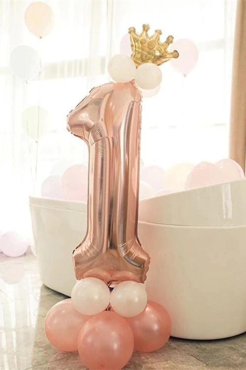 Rakam Balon Karşılama Seti 1 Yaş Rose Gold Rakam Balon Altın Kral Taçlı 1 Rakamlı Balon