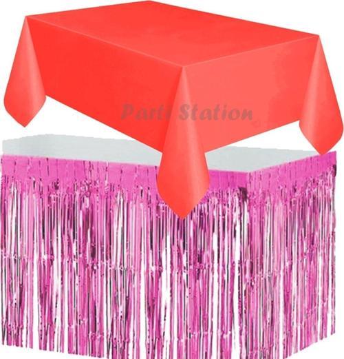 Masa Örtüsü Ve Etek Set Plastik Kırmızı Renk Masa Örtüsü Pembe Renk Metalize Sarkıt Masa Eteği Set