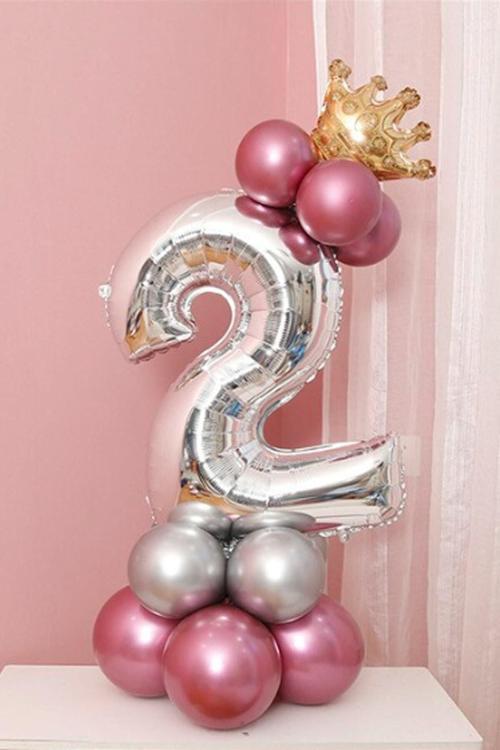 Rakam Balon Karşılama Seti 2 Yaş Parlak Rose Gold Gümüş Renkler Altın Taçlı 2 Rakamlı Balon