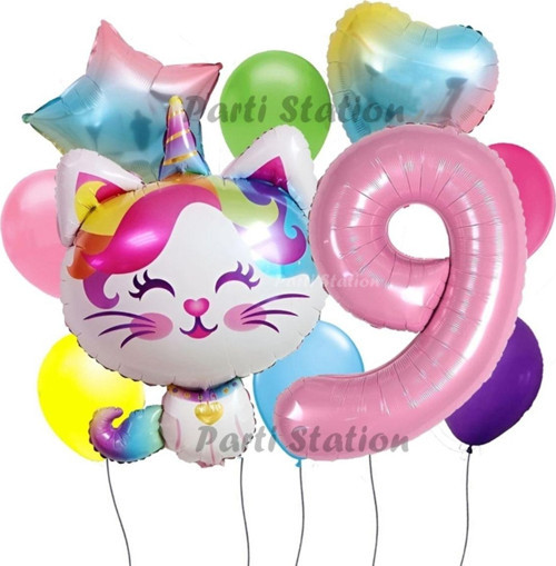 Unicorn Kedi Kitty Konsept 9 Yaş Doğum Günü Parti Balon Set Sevimli Unicorn Kedi Tema Parti Set