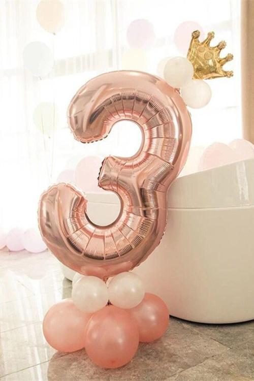 Rakam Balon Karşılama Seti 3 Yaş Rose Gold Rakam Balon Altın Kral Taçlı 3 Rakamlı Balon