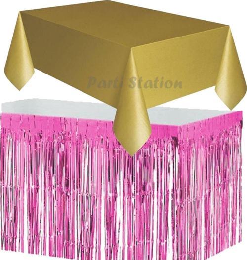 Masa Örtüsü Masa Eteği Plastik Altın Gold Renk Masa Örtüsü Pembe Renk Metalize Sarkıt Masa Eteği Set