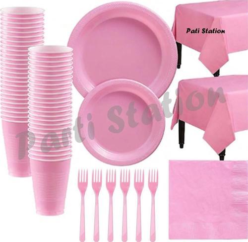 25 Kişilik Kullan At Plastik Tabak Bardak Çatal Peçete Masa Örtüsü Seti Pembe Renk