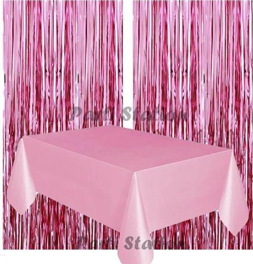 2 Adet Pembe Renk Metalize Arka Fon Perdesi Ve 1 Adet Plastik Pembe Renk Masa Örtüsü Set