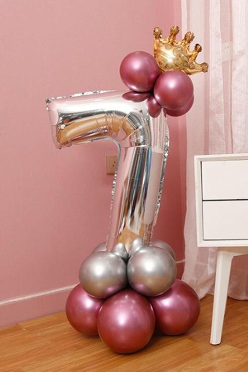 Rakam Balon Karşılama Seti 7 Yaş Parlak Rose Gold Gümüş Renkler Altın Taçlı 7 Rakamlı Balon