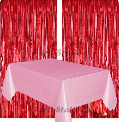 2 Adet Kırmızı Renk Metalize Arka Fon Perdesi Ve 1 Adet Plastik Pembe Renk Masa Örtüsü Set