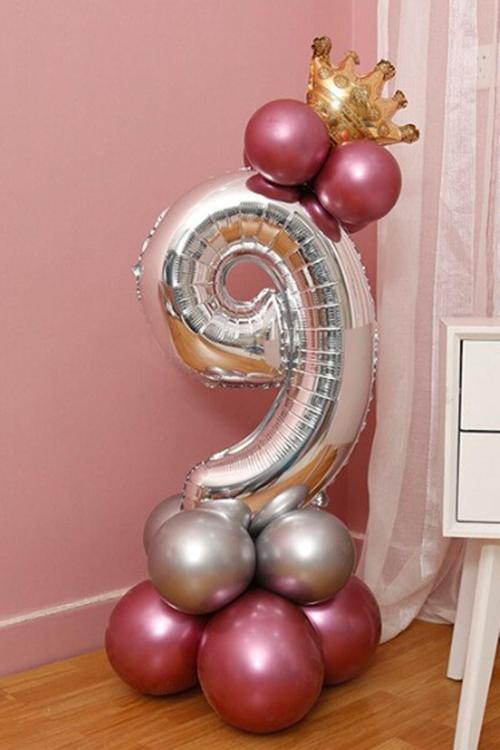 Rakam Balon Karşılama Seti 9 Yaş Parlak Rose Gold Gümüş Renkler Altın Taçlı 9 Rakamlı Balon