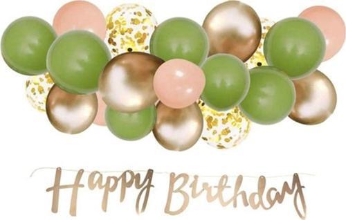 Rosegold Renk Kaligrafi Happy Birthday Banner Ve Küf Yeşili Rosegold Somon Lateks Balon Set