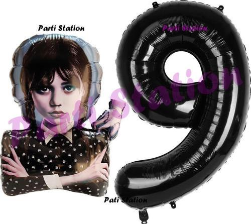 Wednesday 9 Yaş Balon Ve Siyah Rakam Balon Doğum Günü Parti Set Wednesday Addams Balon