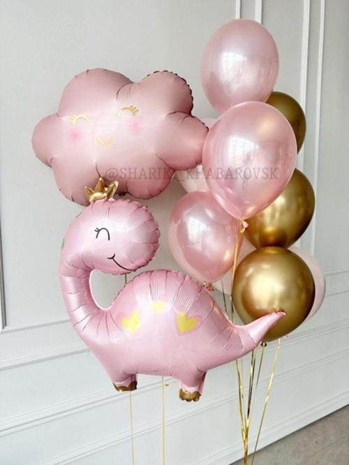 Sevimli Dinozor Konsept Pembe Dinozor Ve Pembe Bulut Balon Set Pink Dinosaur Balloon