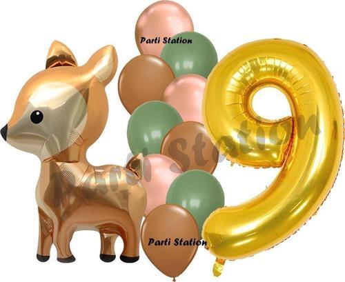 Woodland Geyik Balon 9 Yaş Balon Set Sevimli Ceylan Balon Ve Gold Rakam Balon Doğum Günü Set