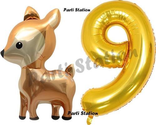Woodland Geyik Balon 9 Yaş Balon Set Sevimli Geyik Balon Ve Gold Rakam Balon Doğum Günü Seti