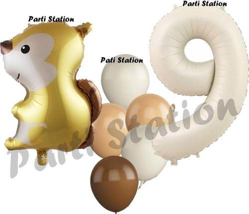 Woodland Sincap Balon 9 Yaş Balon Set Sincap Balon Ve Krem Rakam Balon Demeti Doğum Günü Seti