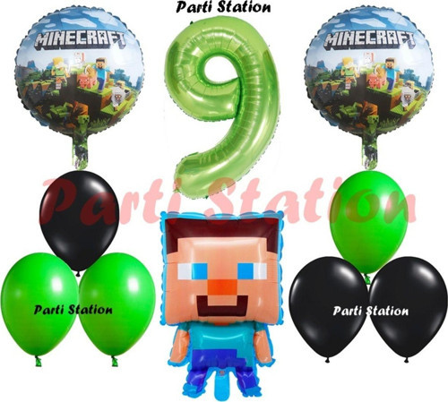Yeşil Rakam Balonlu Minecraft Konsept Doğum Günü 9 Yaş Balon Set Minecraft Yeşil Siyah Balon Set