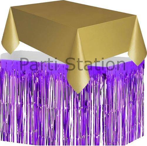 Masa Örtüsü Ve Masa Eteği Set Plastik Gold Altın Renk Masa Örtüsü Mor Renk Metalize Masa Eteği Set