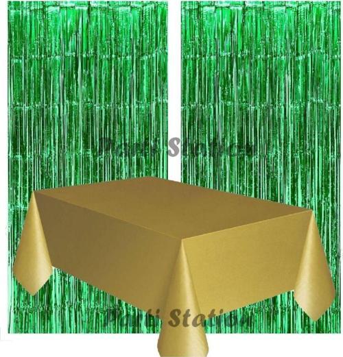 2 Adet Yeşil Renk Metalize Arka Fon Perdesi Ve 1 Adet Plastik Gold Altın Renk Masa Örtüsü Set