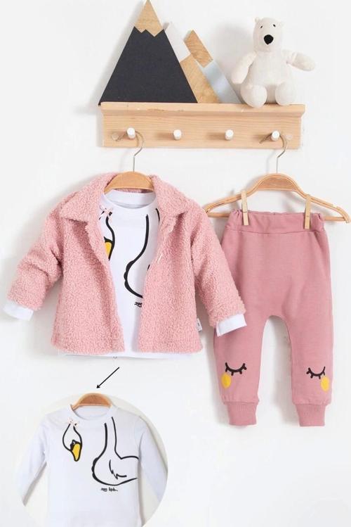3-18 Ay Kız Bebek Takımı Peluş Hırkalı 3 Lü Pembe