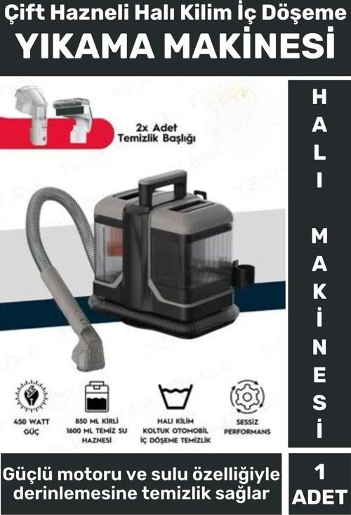 450 Watt Motor Halı Kilim Koltuk Oto Döşeme Yıkama Temiz Kirli Su Hazneli 2 Başlıklı Yıkama Makinesi