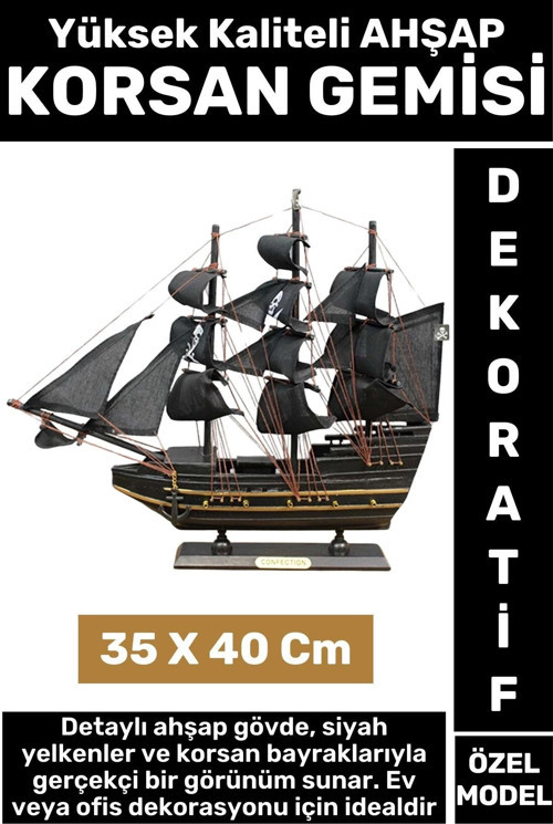 Yüksek Kaliteli Dekoratif Ev Ofis Hediyelik Denizci Koleksiyon Ahşap KORSAN GEMİSİ 35 x 40 Cm