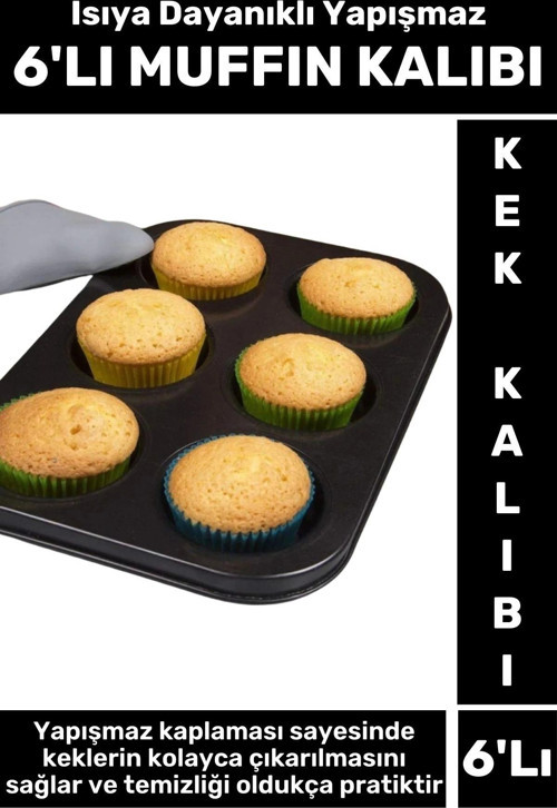 Premium Isıya Dayanıklı Yapışmaz Kolay Temizlenir Kek Brownie Cupcake 6'lı Muffin Kek Kalıbı