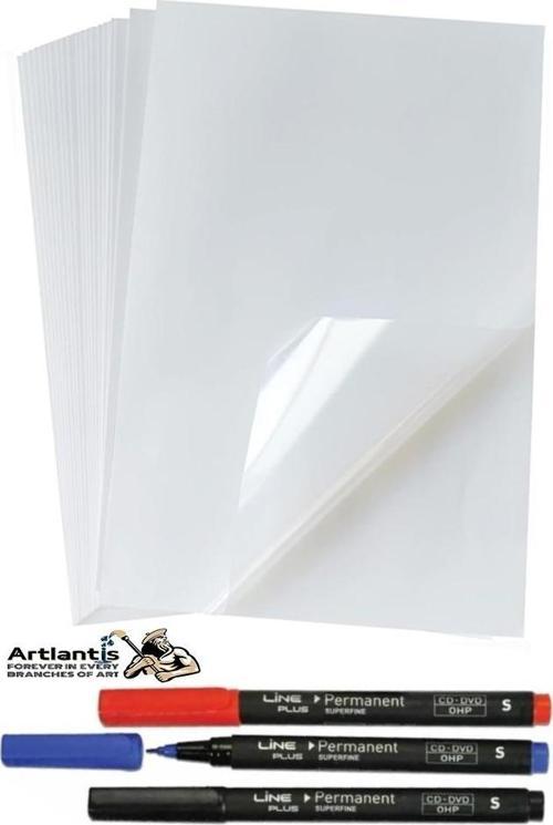 A3 Asetat Kağıdı 25 Adet Pvc ve Asetat Kalemi S Siyah Mavi Kırmızı 1 Paket Fotokopi Asetatı Şeffaf Transparan 100 Mikron
