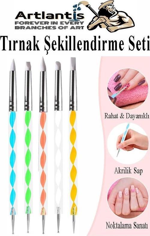 Silikon Tırnak Şekillendirme Kalemi 5 li 1 Paket Nail Art Metal Başlıklı Tırnak Süsleme Kalemi Nokta Boyama Modelleme