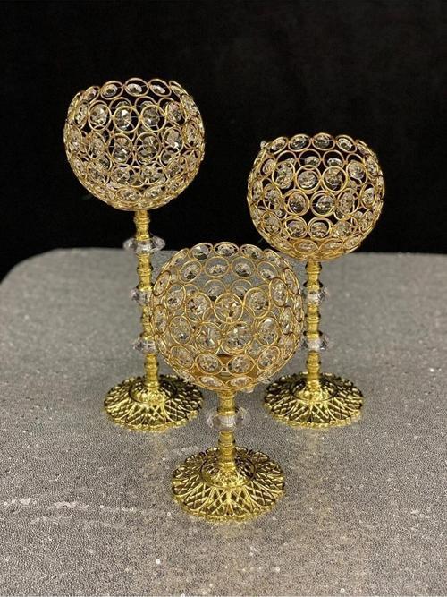 Kristal Taşlı Ayaklı Gold Şamdan 3'lü Set