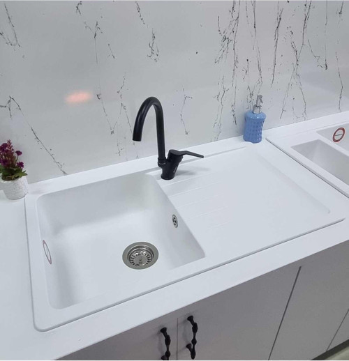 Granit Eviye - Beyaz Renk - 86X50 Cm - Tek Göz Damlalikli Mutfak Eviyesi