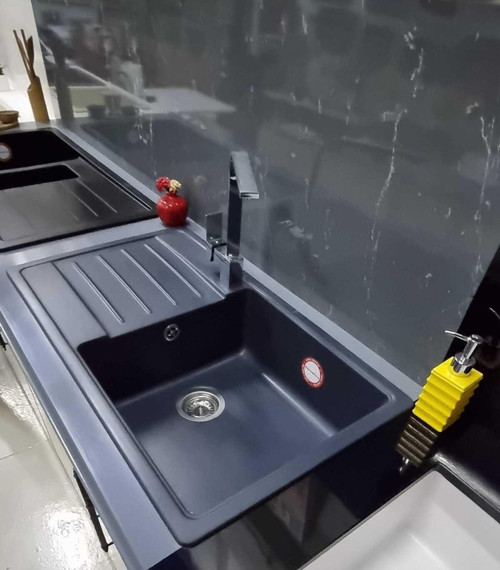 Granit Eviye - Mega Geniş Hazne - Antrasit Renk - 86X50 Cm - Tek Göz Damlalikli Mutfak Eviyesi