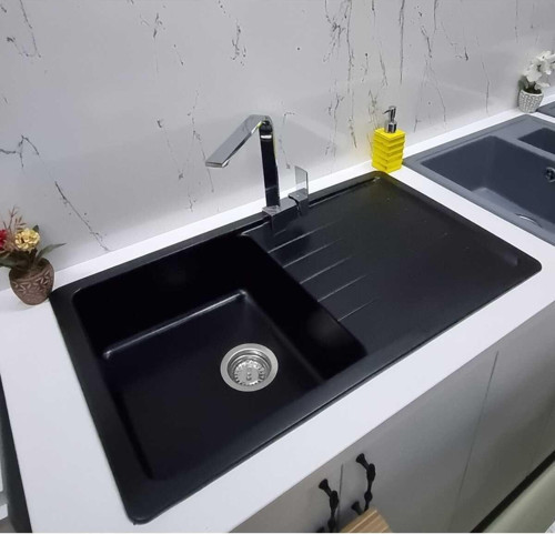 Granit Eviye - Siyah Renk - 86X50 Cm - Tek Göz Damlalikli Mutfak Eviyesi