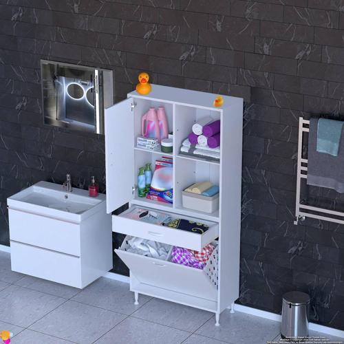 AFRA 70x173x32,5cm 1 Çekmece, 2 Göz Sepet, 1 Kapak, 4 Raf Dar Alan Banyo Dolabı