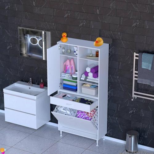 AFRA 70x173x32,5cm 1 Çekmece, 2 Göz Sepet, 1 Kapak, 6 Raf Dar Alan Banyo Dolabı