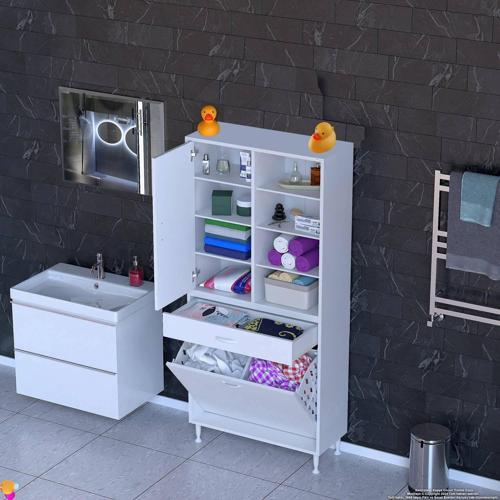 AFRA 85x173x32,5cm 1 Çekmece, 2 Göz Sepet, 1 Kapak, 8 Raf Dar Alan Banyo Dolabı