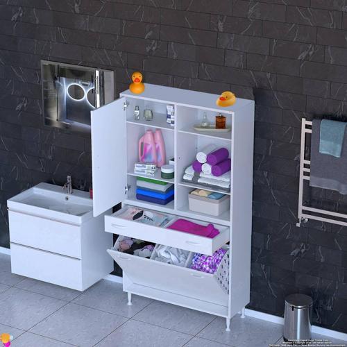 AFRA 90x173x32,5cm 1 Çekmece, 3 Göz Sepet, 1 Kapak, 6 Raf Dar Alan Banyo Dolabı