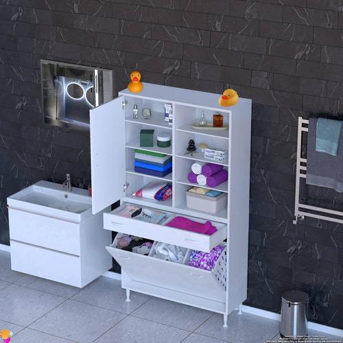 AFRA 95x173x32,5cm 1 Çekmece, 3 Göz Sepet, 1 Kapak, 8 Raf Dar Alan Banyo Dolabı