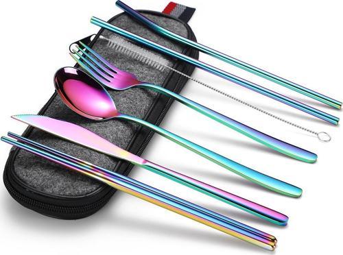 8 Parça Çantalı Yolculuk Çatal Bıçak Kaşık Pipet Chopstick Seti Kamp Okul Ofis Tatil Paslanmaz Çelik Renkli
