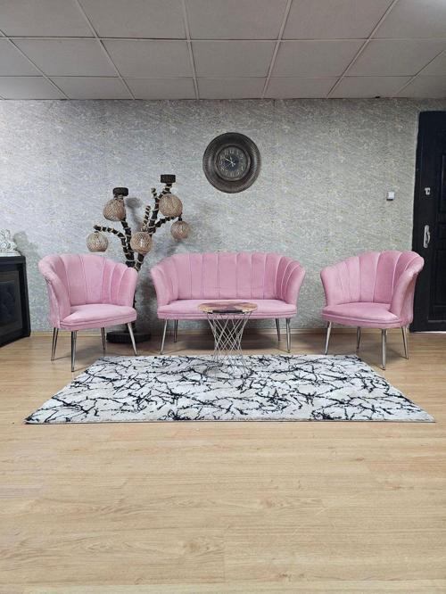 Papatya Çay Seti Koltuk Takımı Krom Sivriltme Ayak, Balkon, Salon, Ofis, Cafe Koltuk Takımı PEMBE Renk Tek Ebat Beden