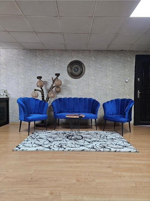 Papatya Çay Seti Koltuk Takımı Siyah Boyalı Sivriltme Ayak, Balkon, Salon, Ofis, Cafe Koltuk Takımı MAVİ Renk Tek Ebat Beden