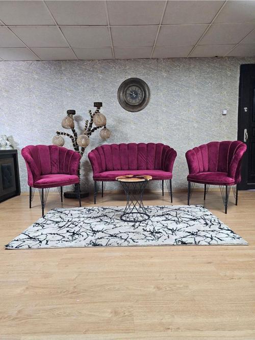 Siyah  Boyalı Tel Ayak Papatya Çay Seti Koltuk Takımı , Balkon, Salon, Ofis, Cafe Koltuk Takımı BORDO Renk Tek Ebat Beden
