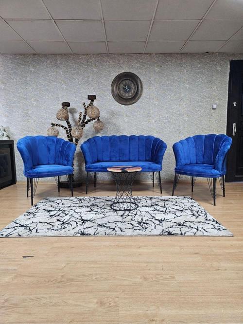 Siyah  Boyalı Tel Ayak Papatya Çay Seti Koltuk Takımı , Balkon, Salon, Ofis, Cafe Koltuk Takımı MAVİ Renk Tek Ebat Beden