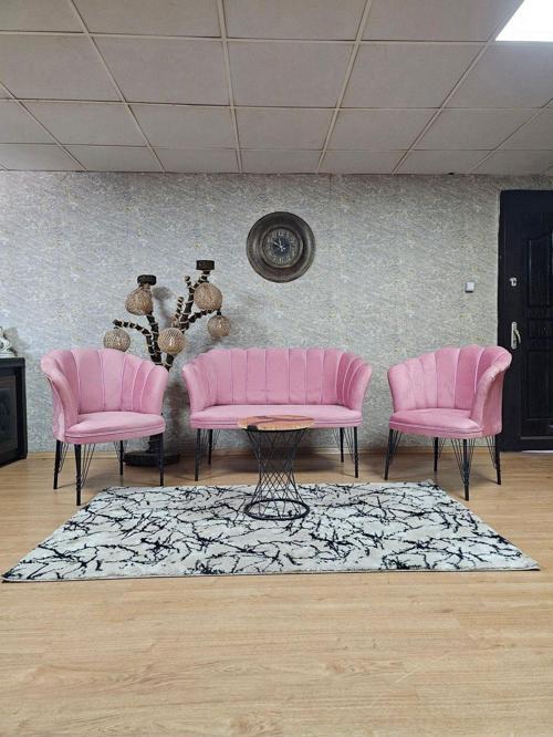 Siyah  Boyalı Tel Ayak Papatya Çay Seti Koltuk Takımı , Balkon, Salon, Ofis, Cafe Koltuk Takımı PEMBE Renk Tek Ebat Beden