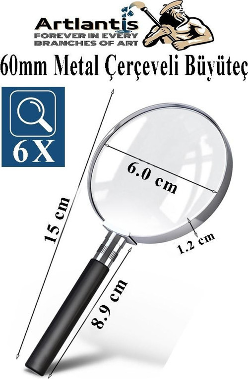 Metal Büyüteç 60 mm 1 Adet 6x Plastik Sap Çerçeveli 6 cm Büyüteç Merçek Okul Büro Ofis Krom Kaplama Büyüteç
