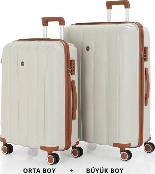 Bavul Büyük ve Orta 2li Set Kırılmaz Silikon Valiz V305 Kemik/Kahve