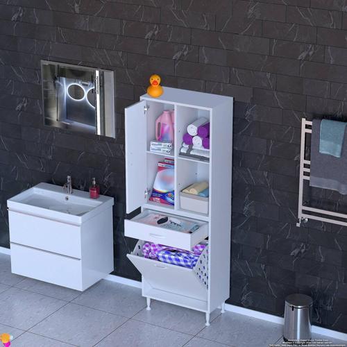 AFRA 65x173x32,5cm 1 Çekmece, 1 Göz Sepet, 1 Kapak, 8 Raf Dar Alan Banyo Dolabı