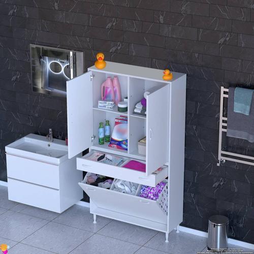 YENİ AFRA 100x173x32,5 cm' lik 1 Çekmece, 3 Göz Sepet, 2 Kapak, 4 Raf Dar Alan Banyo Dolabı