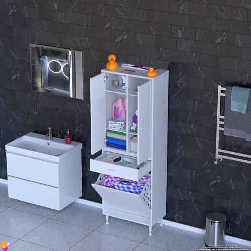YENİ AFRA 60x173x32,5cm 1 Çekmece, 1 Göz Sepet, 2 Kapak, 6 Raf Dar Alan Banyo Dolabı